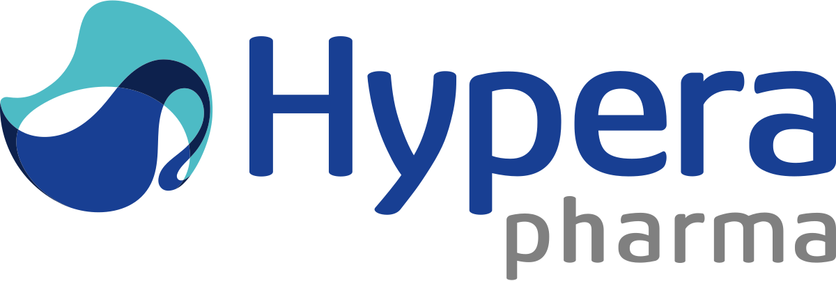 Logotipo da Hypera Pharma: Forma abstrata azul e verde-azulada com a palavra 