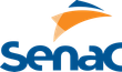 Logotipo do SENAC, uma instituição de ensino brasileira, com texto azul e uma forma abstrata laranja e azul acima.