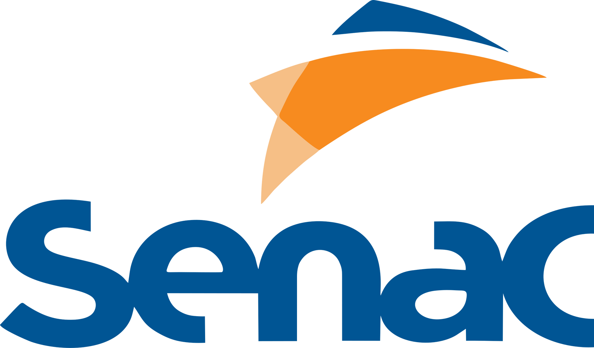 Logotipo do SENAC, uma instituição de ensino brasileira, com texto azul e uma forma abstrata laranja e azul acima.