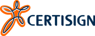 Logotipo da Certisign: figura laranja com contorno azul escuro, texto azul escuro 