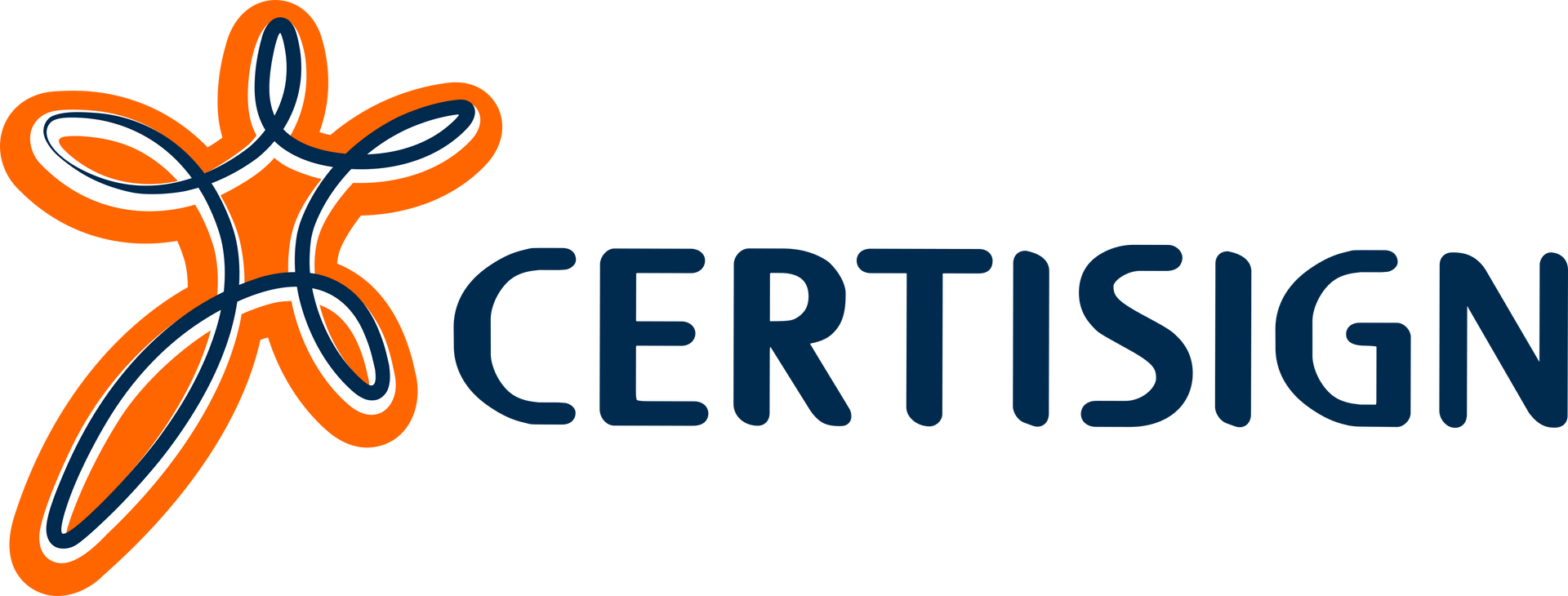 Logotipo da Certisign: figura laranja com contorno azul escuro, texto azul escuro 