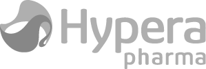 Logotipo da Hypera Pharma, com um gráfico estilizado em espiral cinza e o nome da empresa.