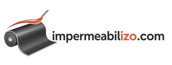 Logotipo de impermeabilizo.com, que presenta un rollo de membrana impermeable negra con un acento curvo rojo.