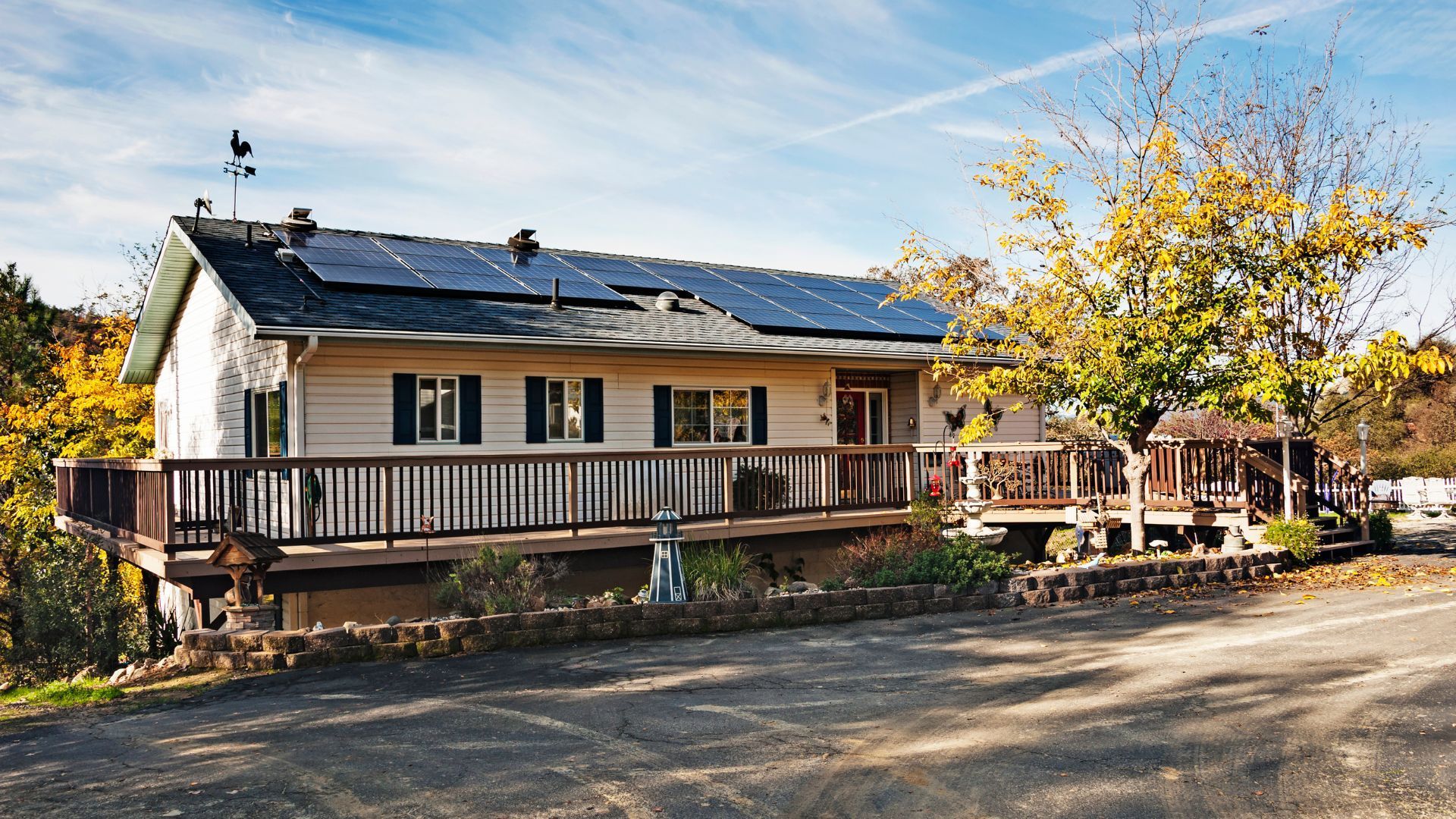 Suburban home in Henderson, NV with a wrap-around deck featuring solar-powered lighting and panels.