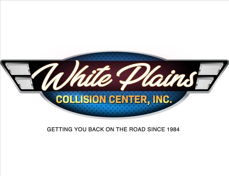 Logo for White Plains Collision Center. White text on blue background, black and silver frame. "Getting you back on the road since 1984" below.
