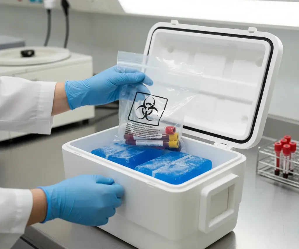 Close-up of sealed blood vials in a biohazard bag being secured with ice packs in a transport cooler.