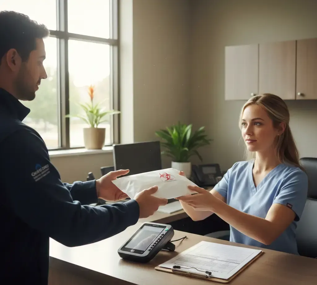 A courier securely handing a medical package to a clinic receptionist, following proper chain-of-custody and proof-of-delivery procedures.