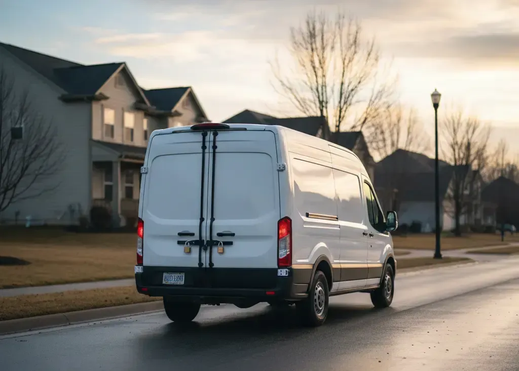 A professional, unmarked delivery van on a quiet morning street