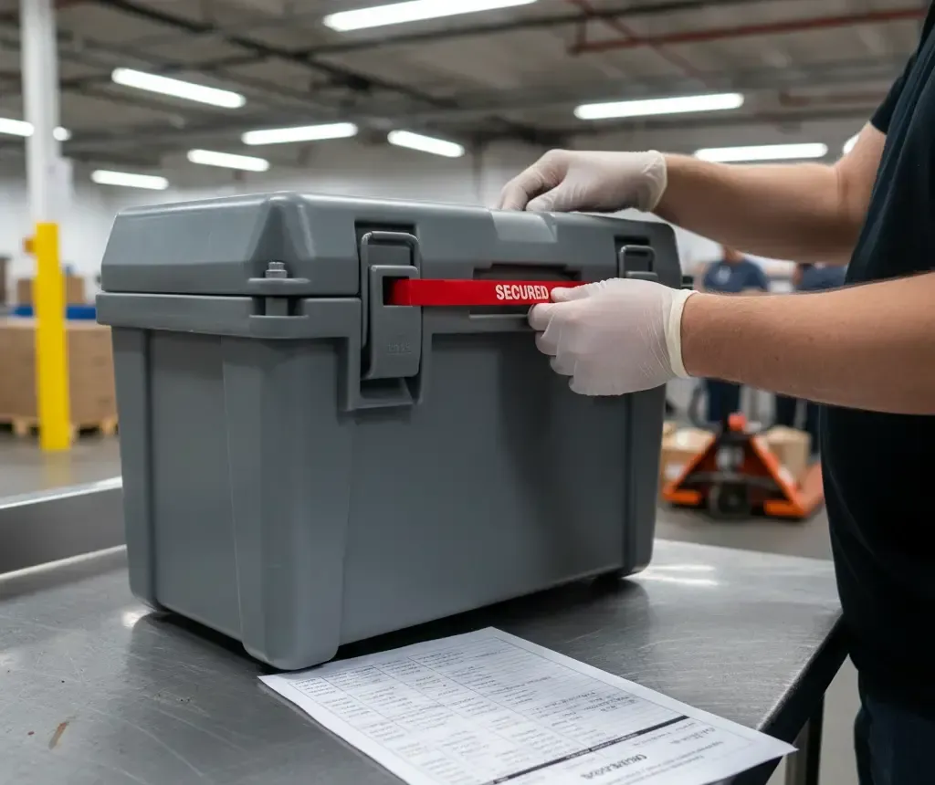 Close-up of a worker applying a tamper-evident seal to a medical storage cooler, ensuring physical security during transit.