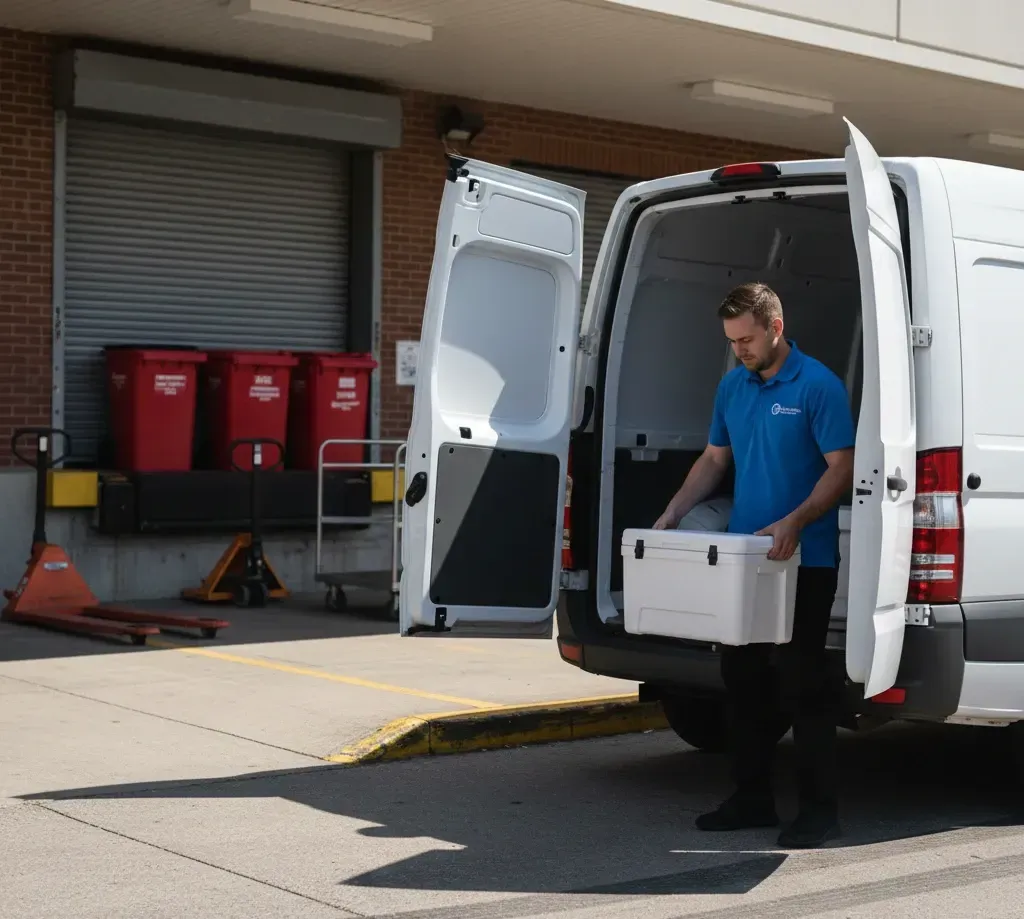 Man loading a white box into the open back of a white van at a loading dock with red bins.