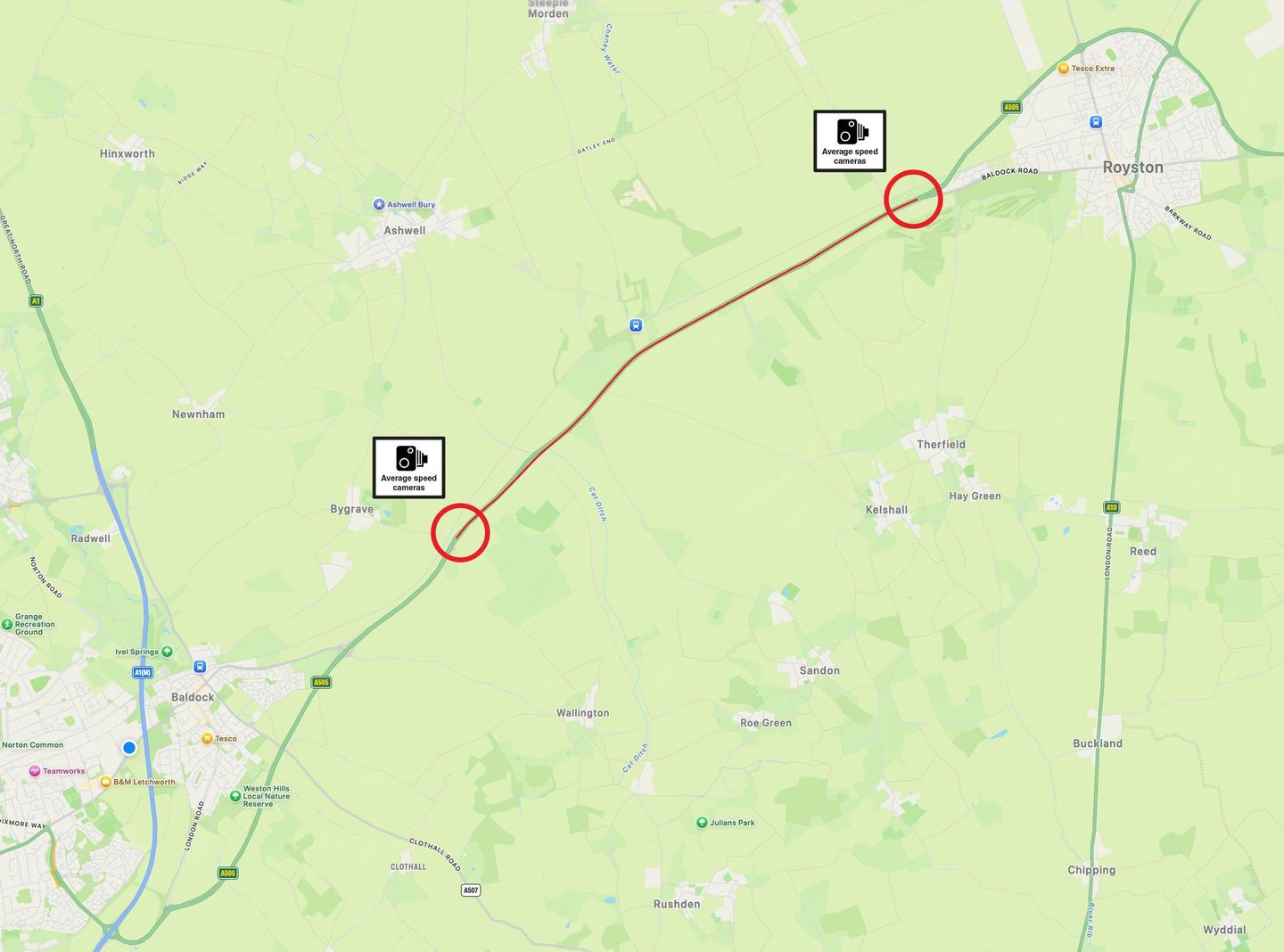 Map A505 Baldock to Royston