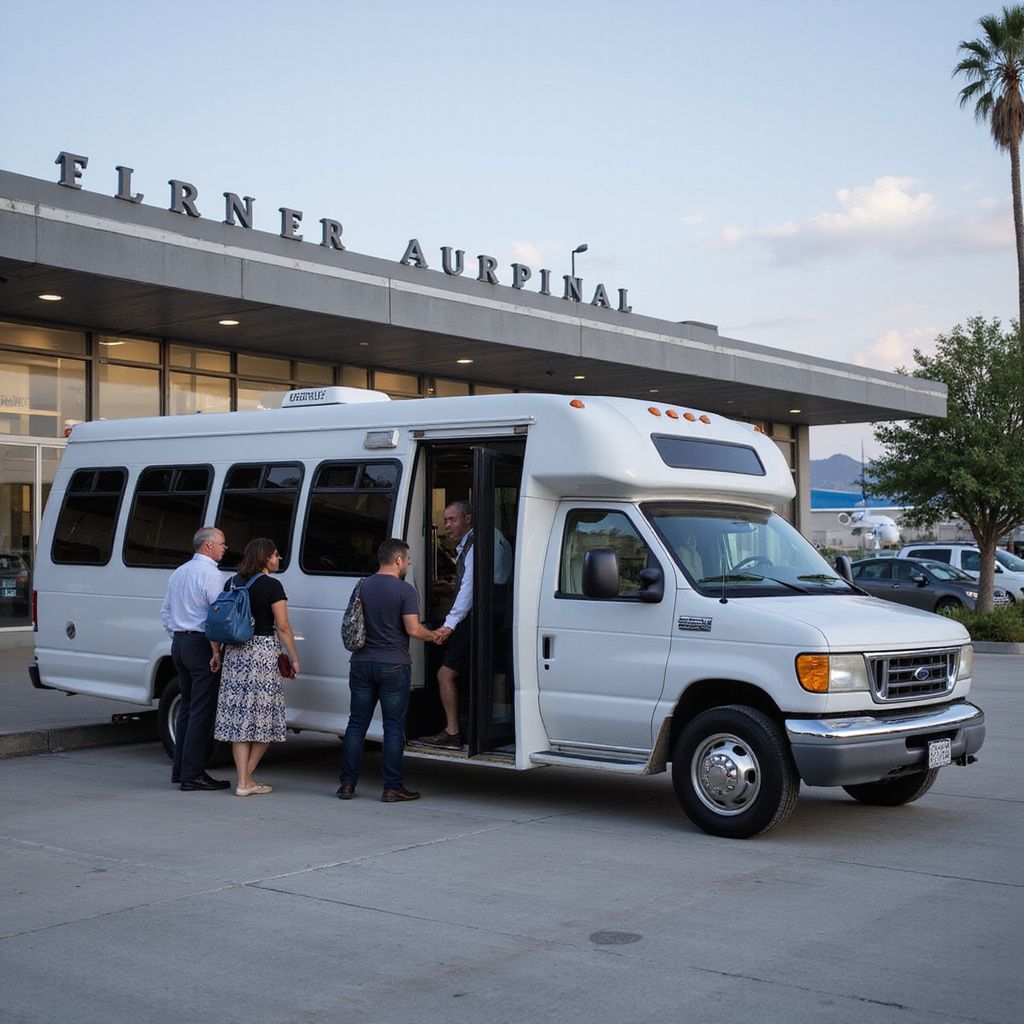 White shuttle bus at airport entrance, people boarding.