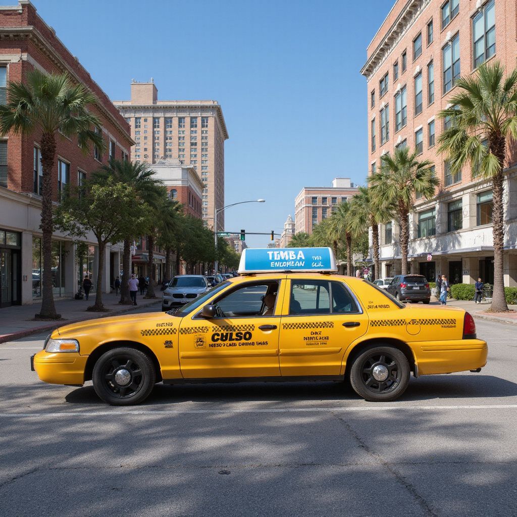 Yellow taxi cab driving on a city street. Buildings and palm trees line the road under a blue sky.