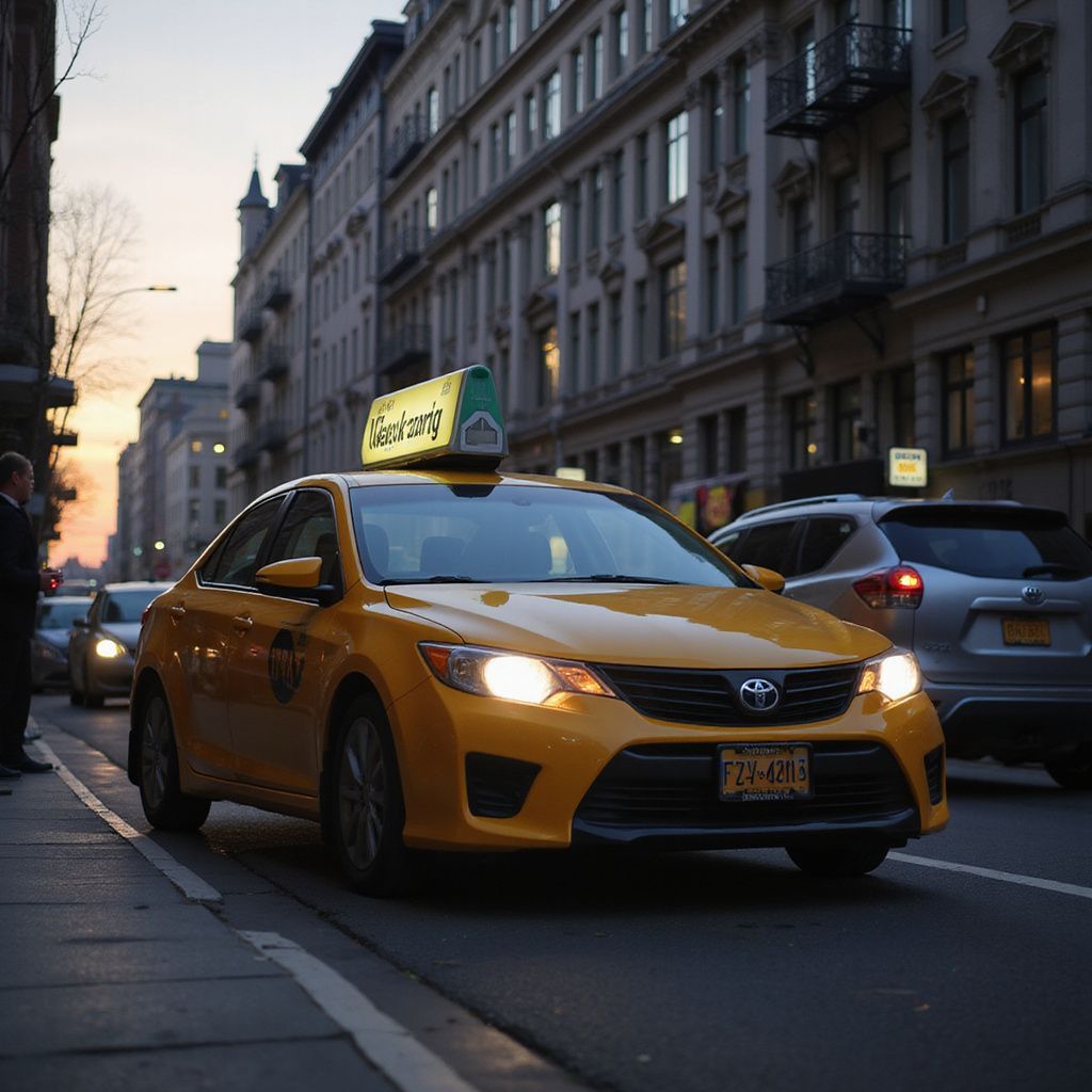 Yellow taxi cab on a city street at dusk, with cars and buildings.