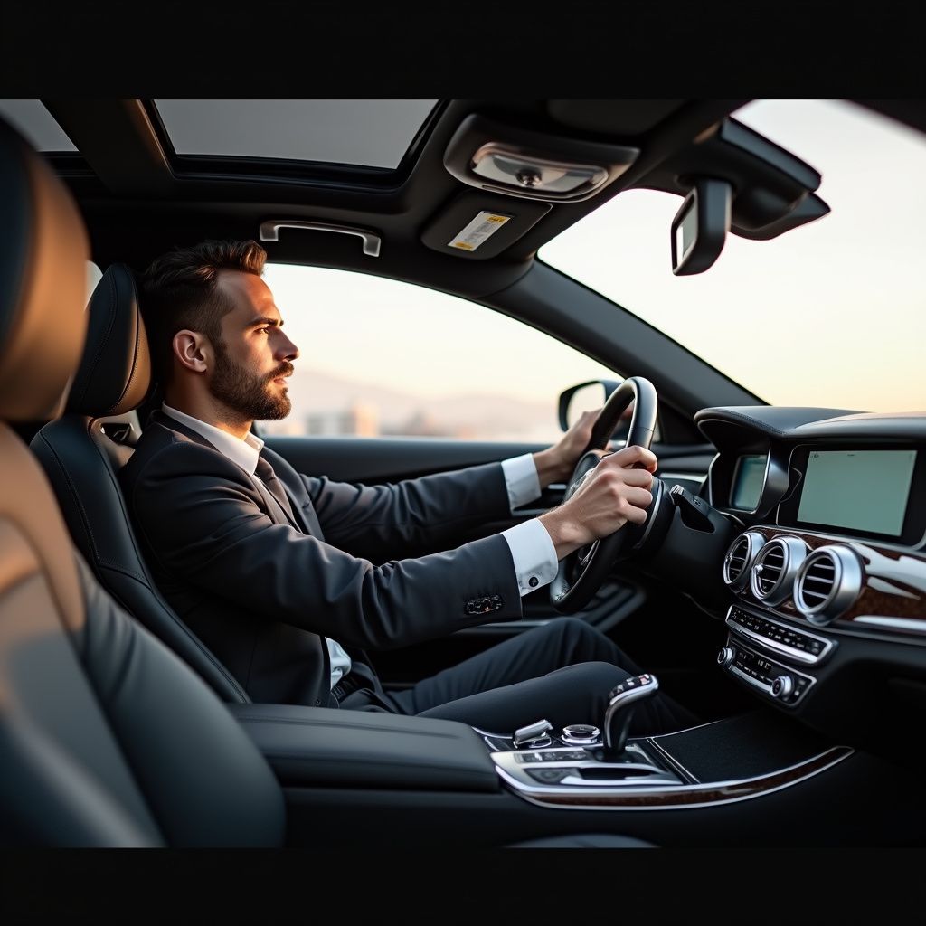 Man in suit driving a luxury car, sunset in the background.