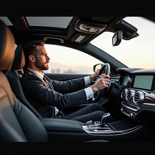 Man in suit driving a luxury car, sunset in the background.