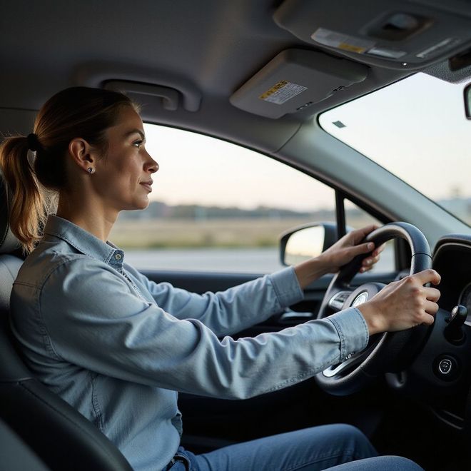 Woman driving a car, looking ahead, hands on steering wheel. Daytime, blue shirt, ponytail.