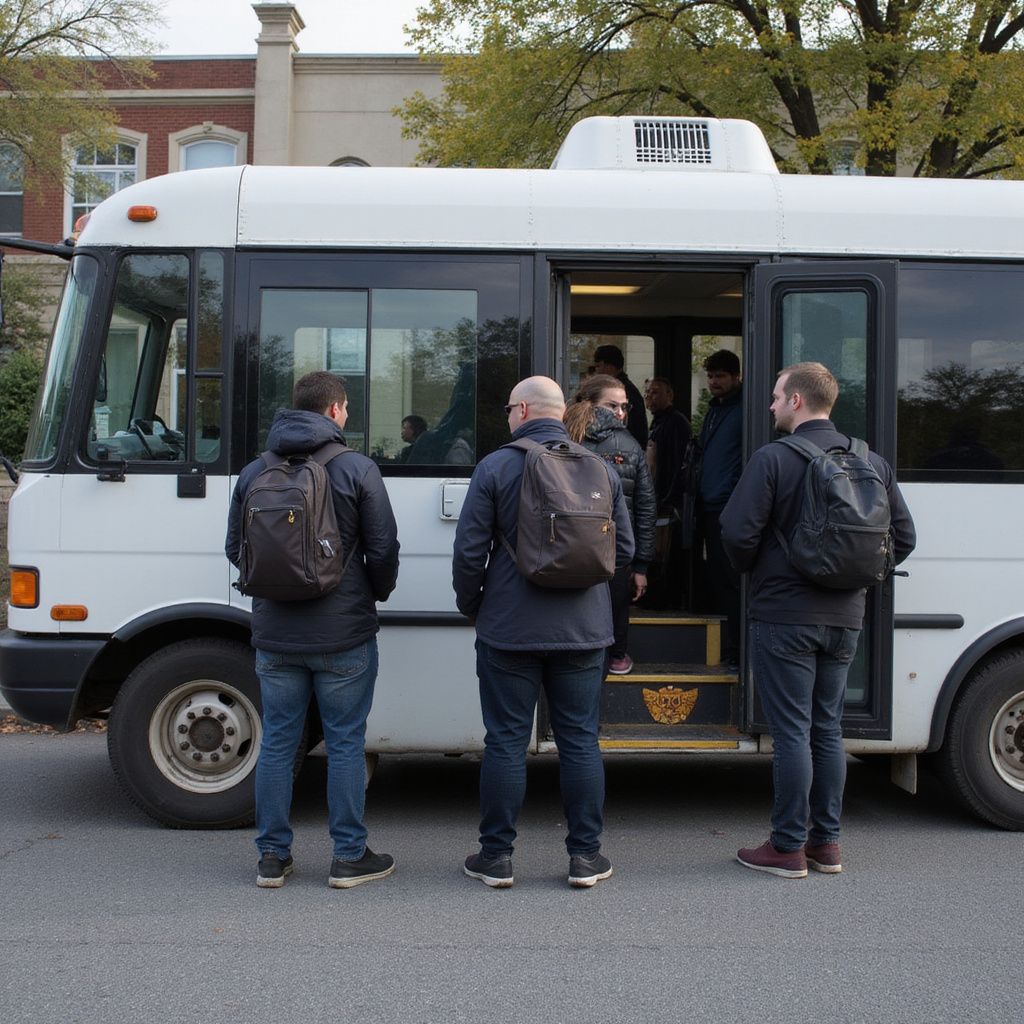 People boarding a white bus with dark windows and open door. Three men with backpacks wait outside.