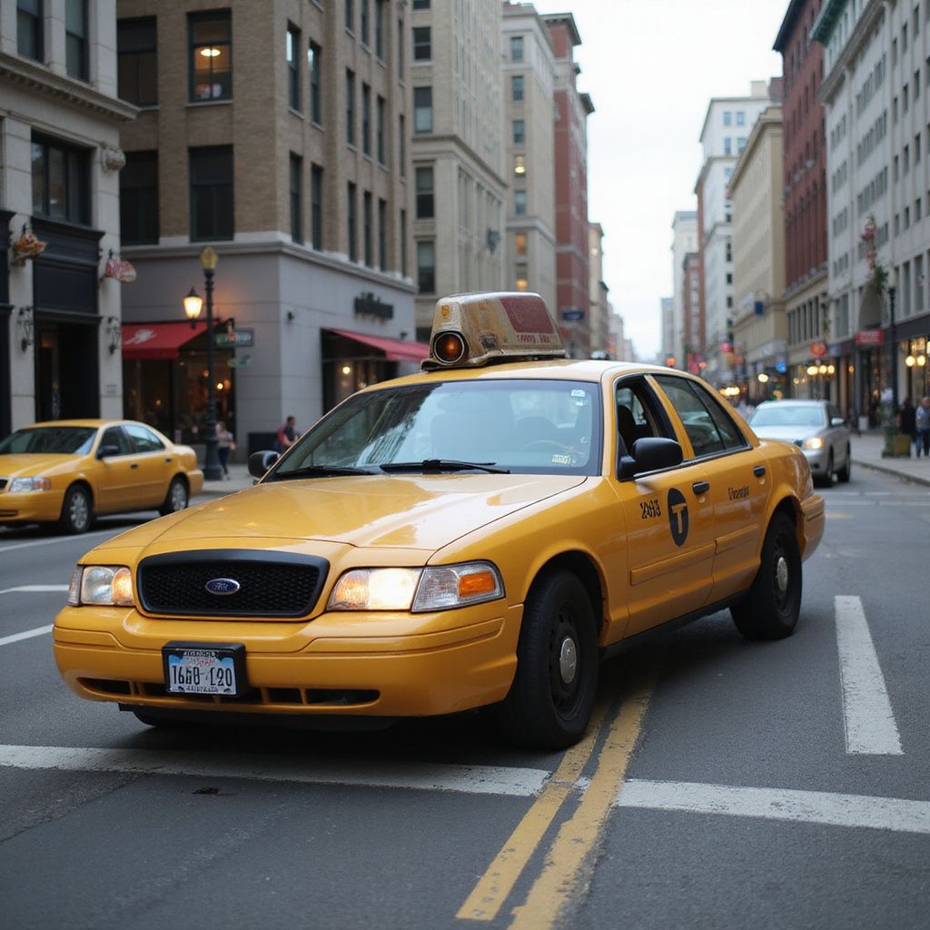 Yellow taxi cab in city street, other cars, buildings in the background.