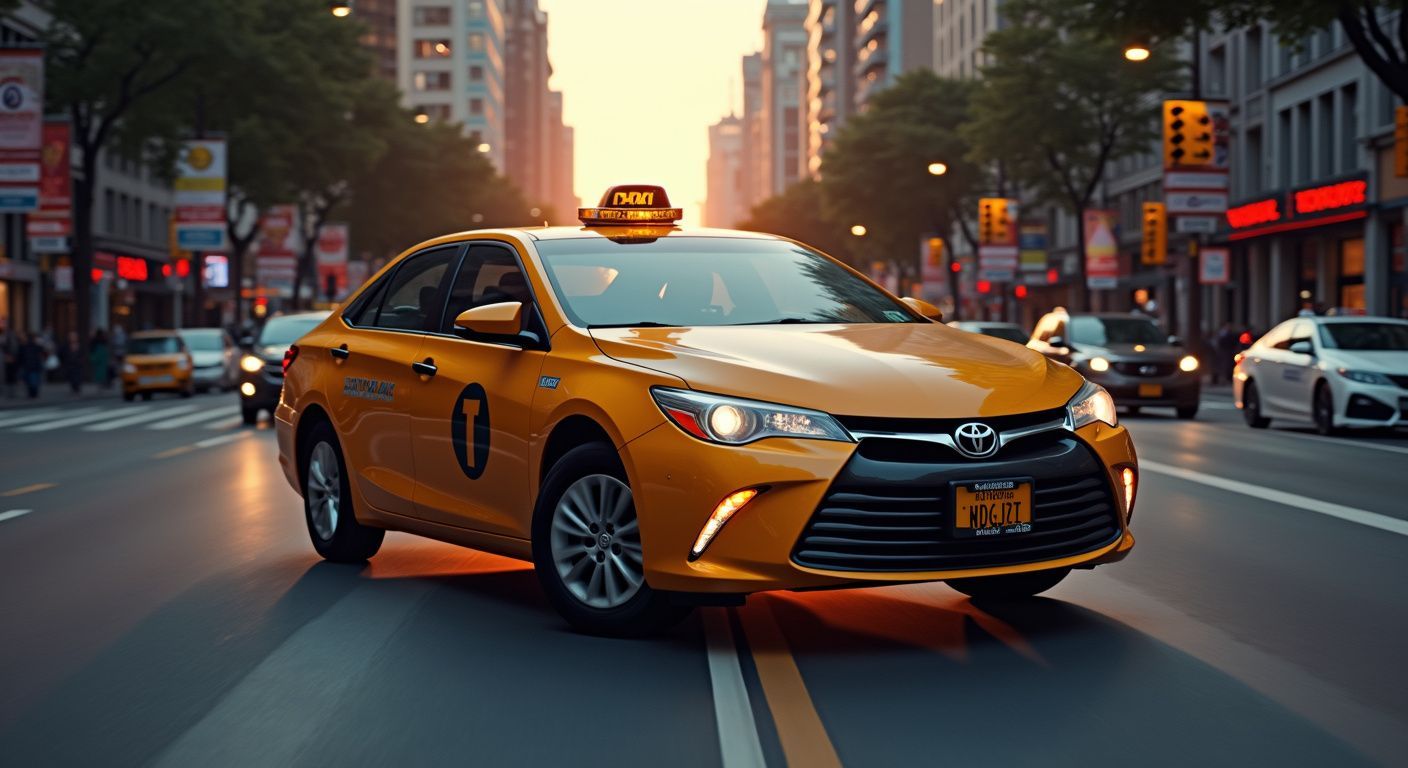 Yellow taxi cab driving on a city street, sunlight in the background.