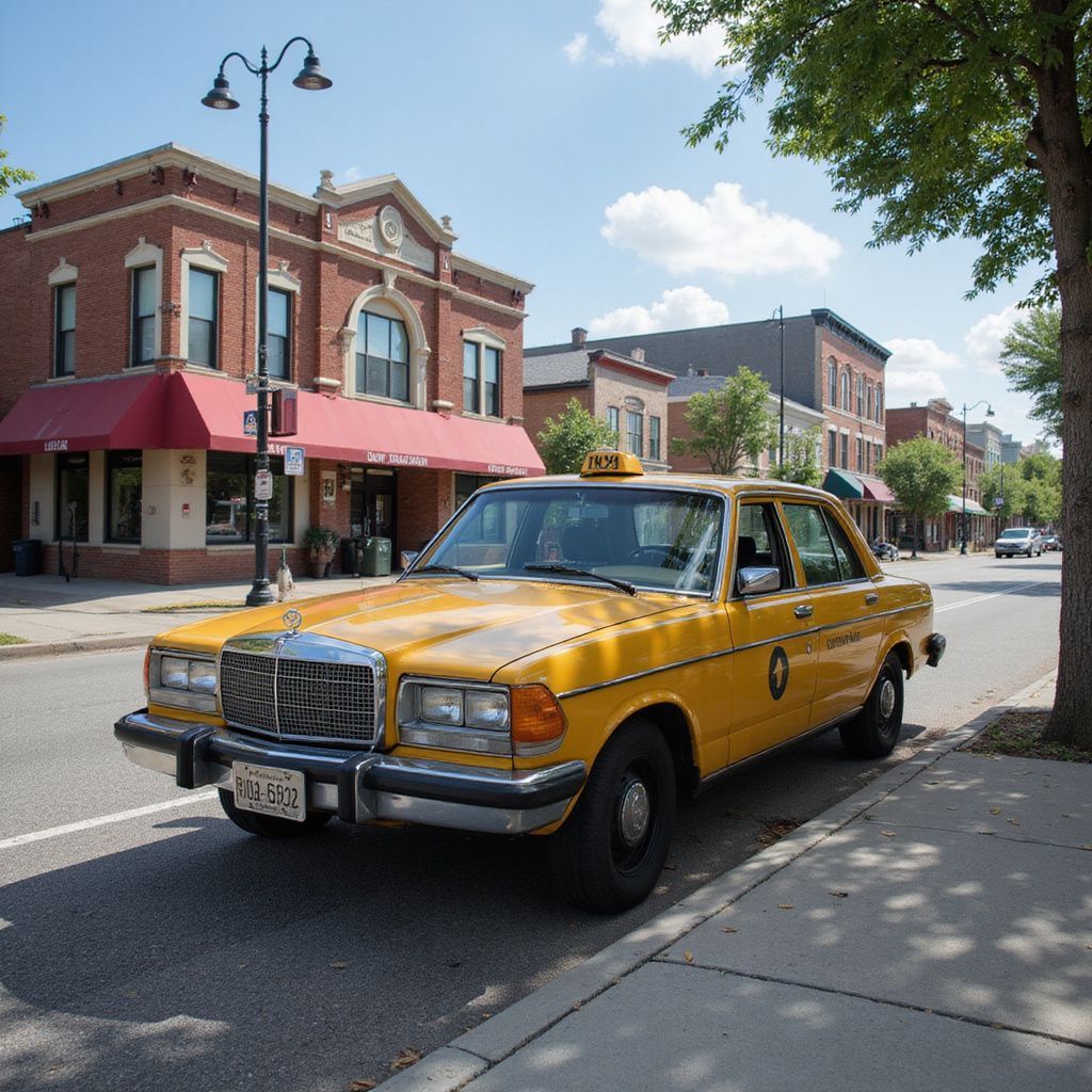 Yellow taxi parked on a city street, brick buildings in the background, sunny day.