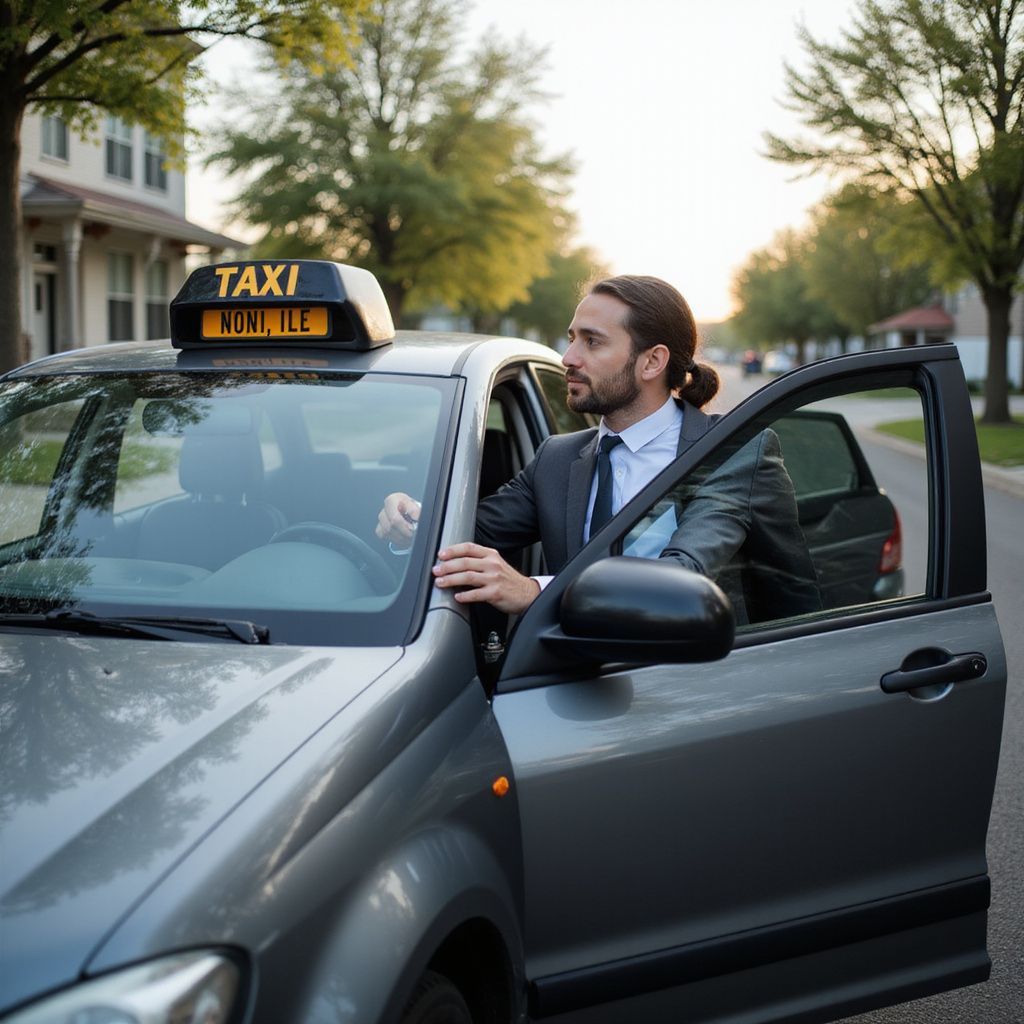 Taxi driver in a gray car, opens the door on a residential street.
