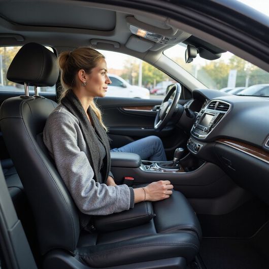 Woman sitting inside a car, looking forward. She has blonde hair, wearing a grey jacket and jeans.