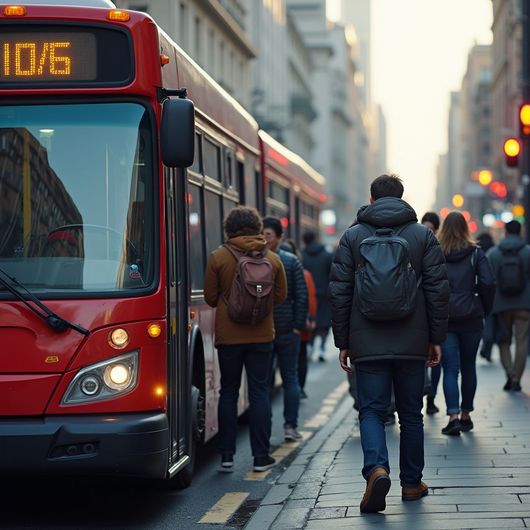 Red city bus stopped on a street, people wait in line; city buildings line the street.
