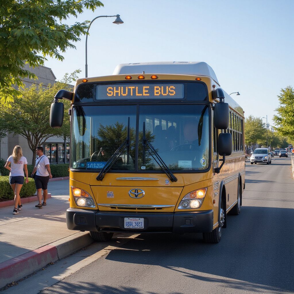 Yellow shuttle bus stopped at a curb, people walking on sidewalk, trees and buildings in background.