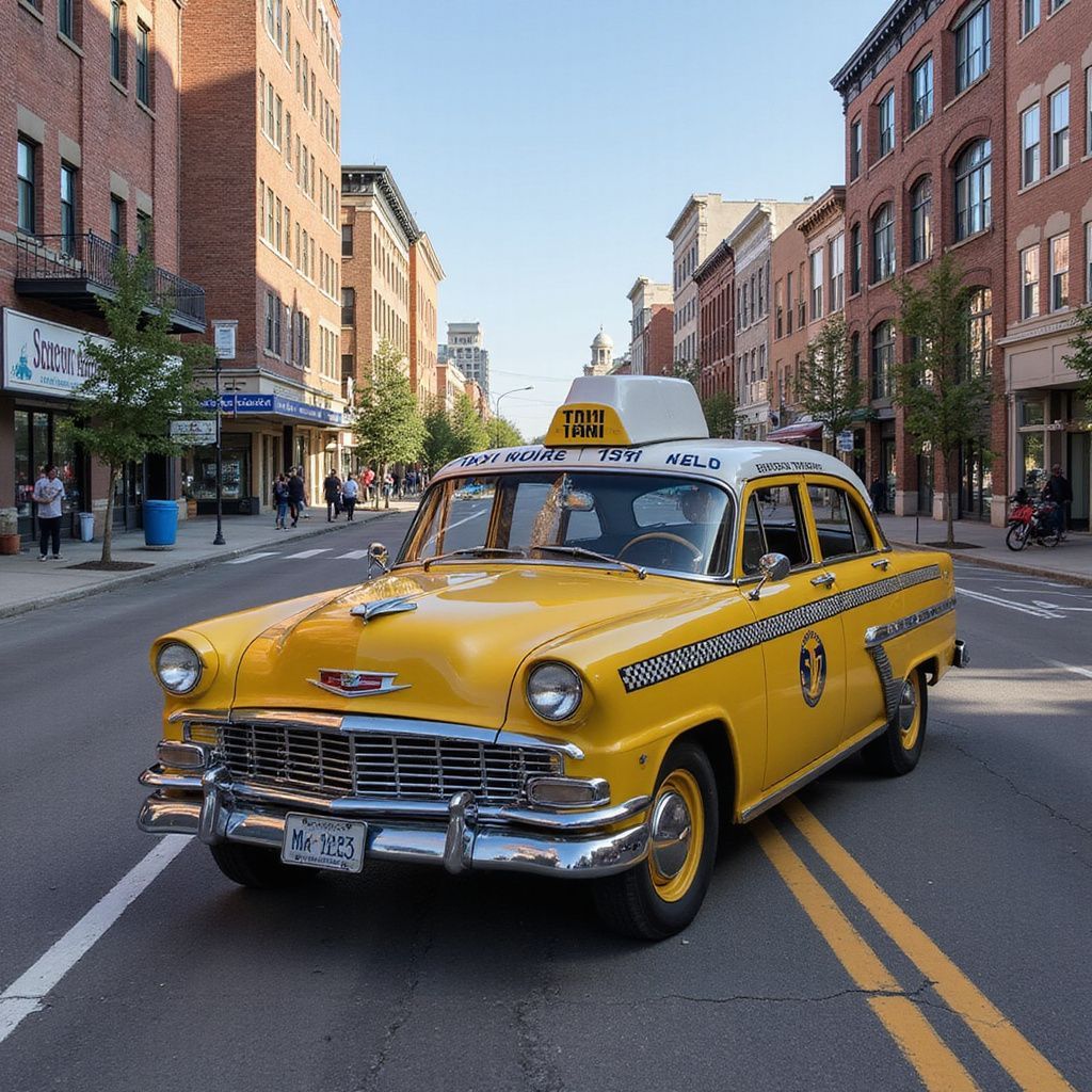 Yellow vintage taxi on a city street with brick buildings and pedestrians.