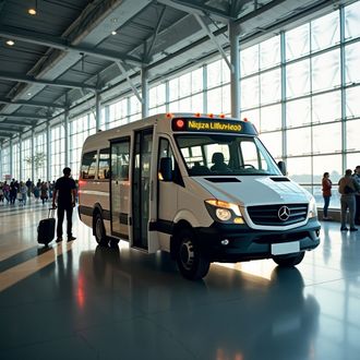 White airport shuttle bus parked inside an airport terminal. A man with luggage walks nearby.