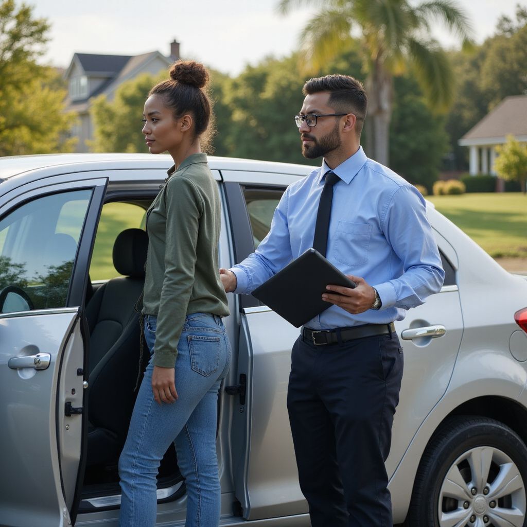 A man in a shirt holds a tablet near a woman exiting a silver car in a suburban setting.