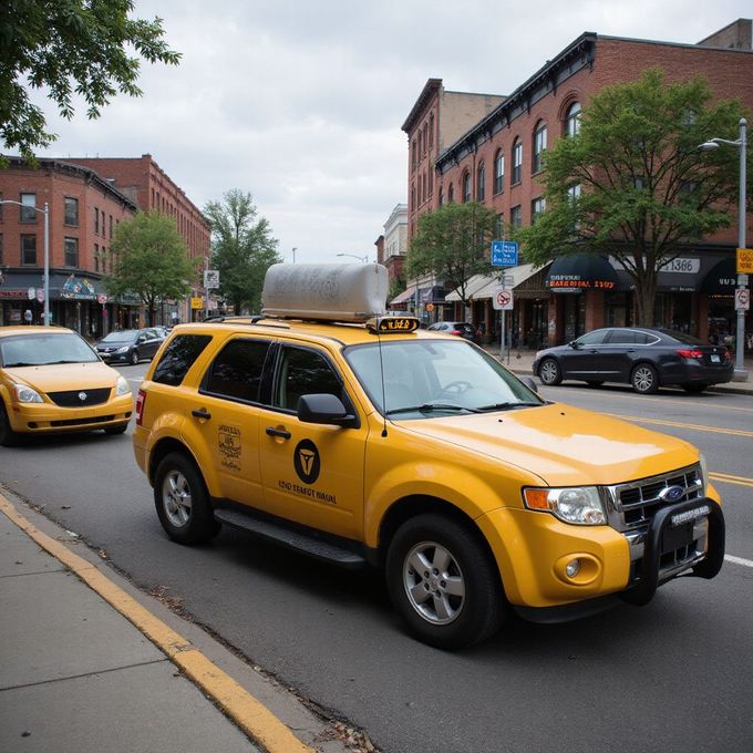 Yellow taxi cab driving on a city street with brick buildings and other vehicles.