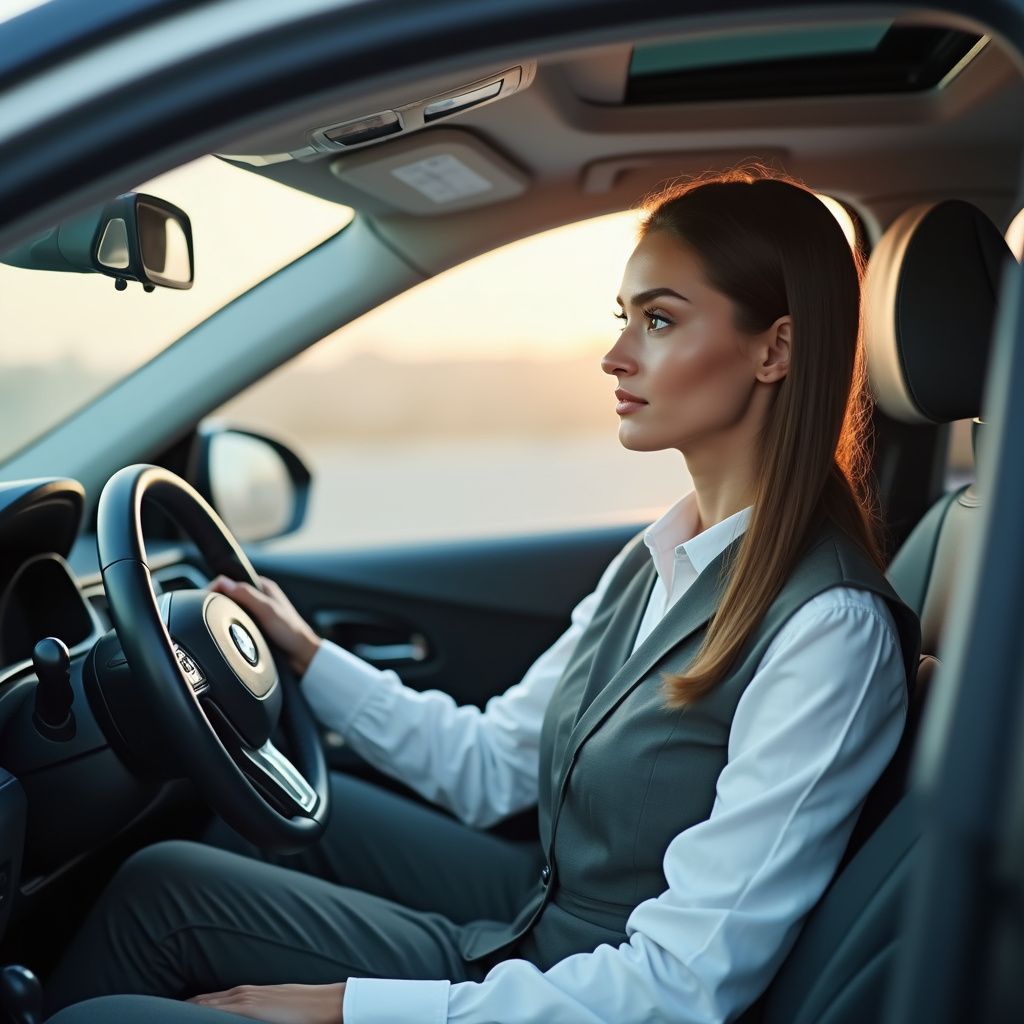 Woman in a car, looking forward. Wearing a gray vest over a white shirt. Sunlight.