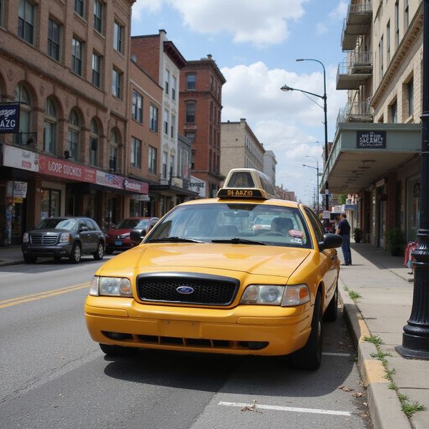 Yellow taxi parked on a city street with brick buildings and parked cars.