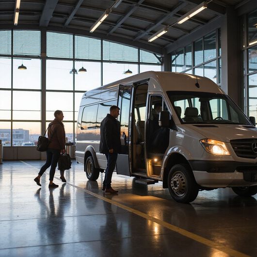 Two men loading luggage into a white passenger van inside a hangar.