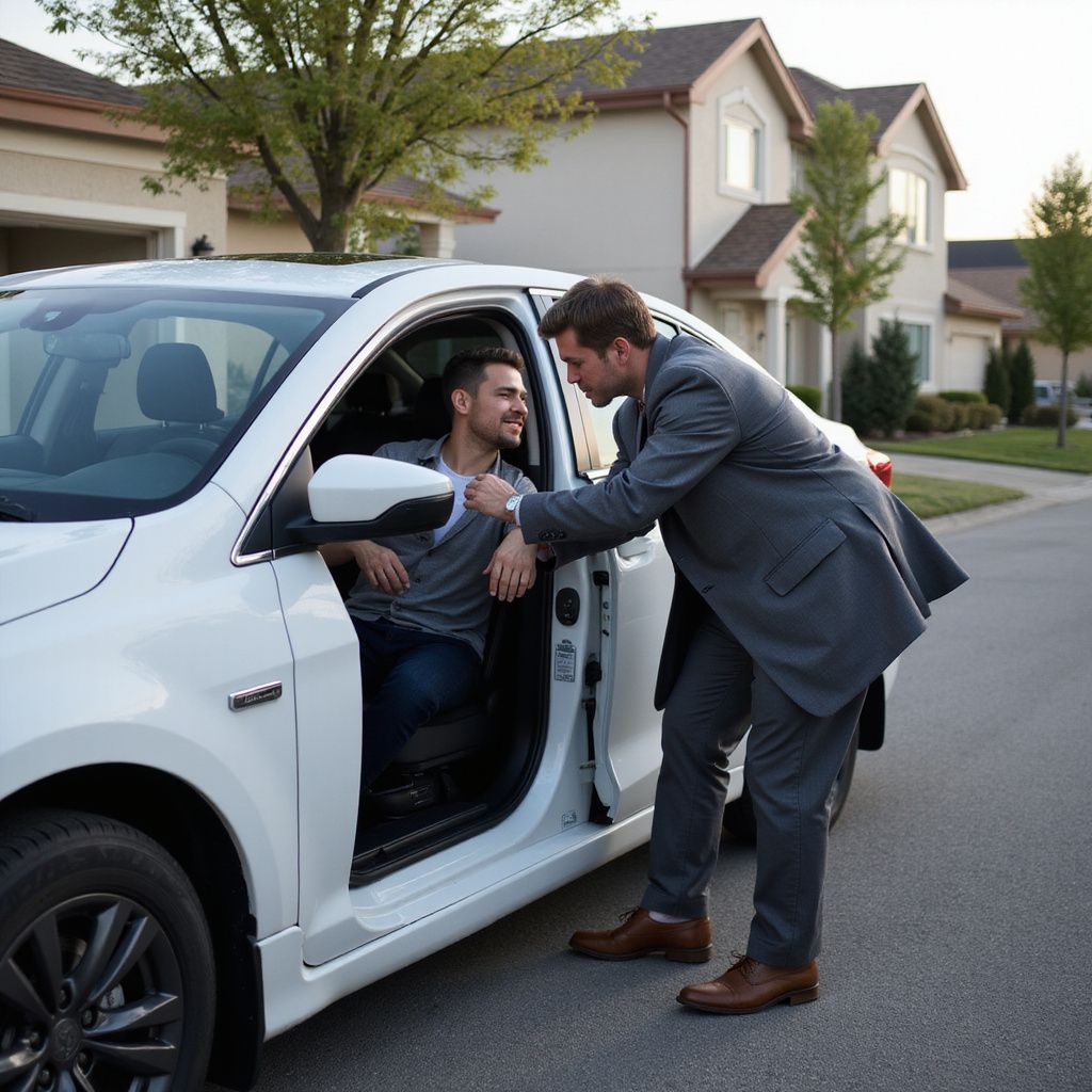 Man in car, talking to another man in a suit outside. Suburban street setting. White car, daytime.
