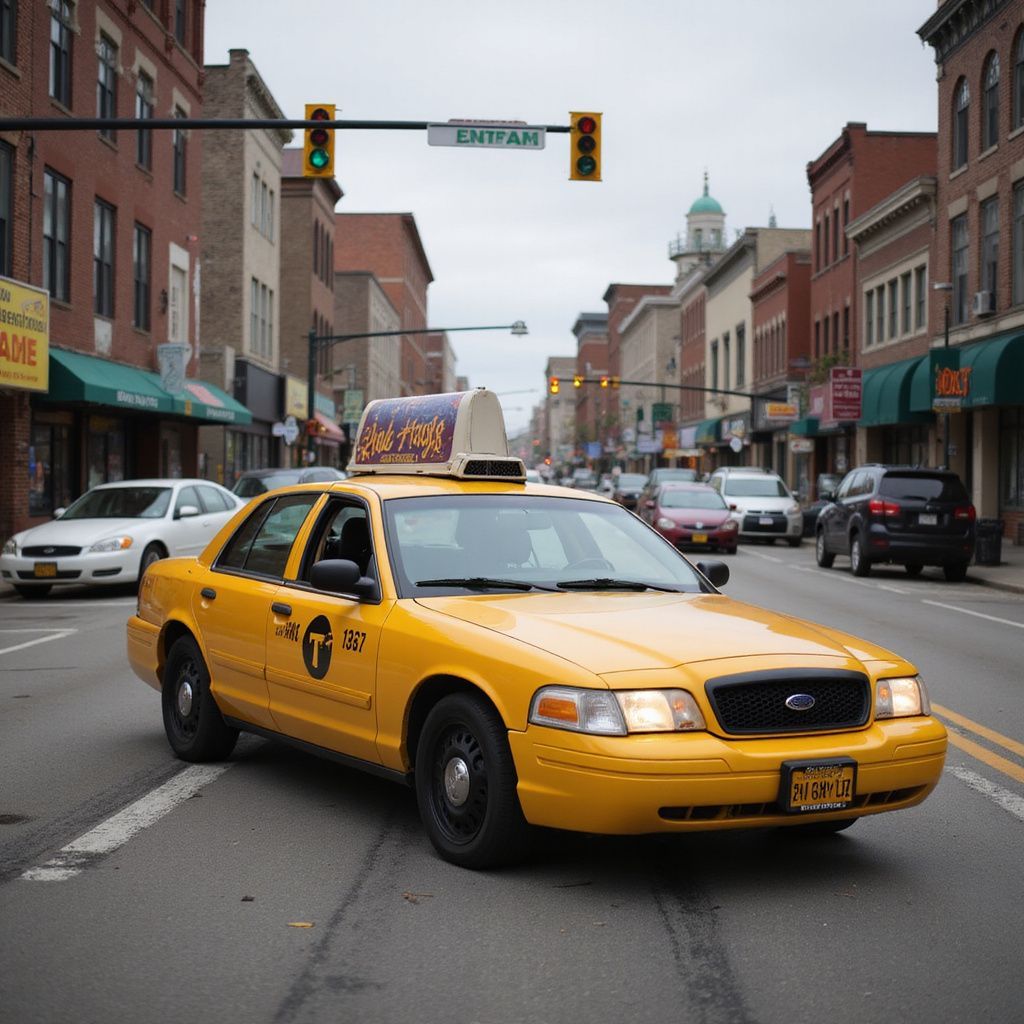 Yellow taxi cab driving on a city street lined with brick buildings.