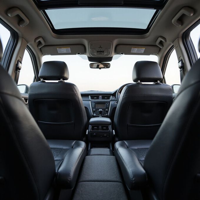 Interior of a car with black leather seats, sunroof, and dashboard.