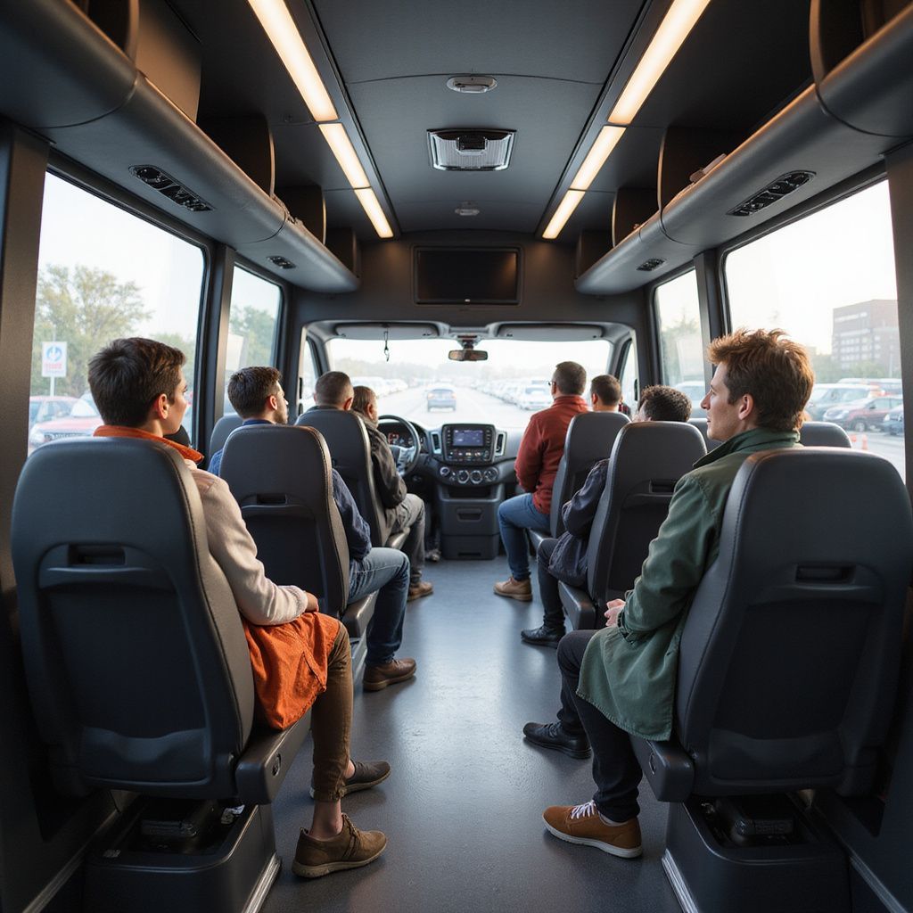 Inside a shuttle bus, passengers in seats, looking ahead. Windows show an outdoor scene.