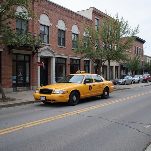 Yellow taxi parked on street in front of brick buildings.