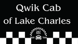 Qwik Cab of Lake Charles logo: Black background, white text, checkered border, cab icon, and 24/7 text.