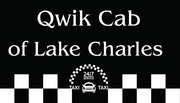 Qwik Cab of Lake Charles logo: Black background, white text, checkered border, cab icon, and 24/7 text.
