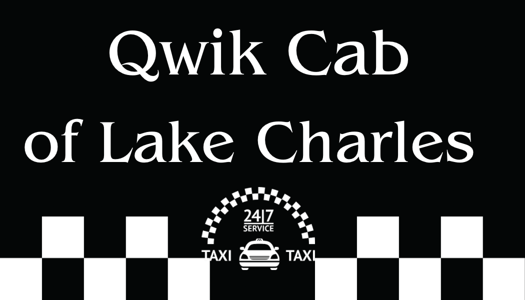 Qwik Cab of Lake Charles logo: Black background, white text, checkered border, cab icon, and 24/7 text.