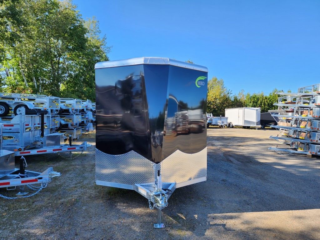 Remorque fermée noire et argent dans un terrain, journée ensoleillée.