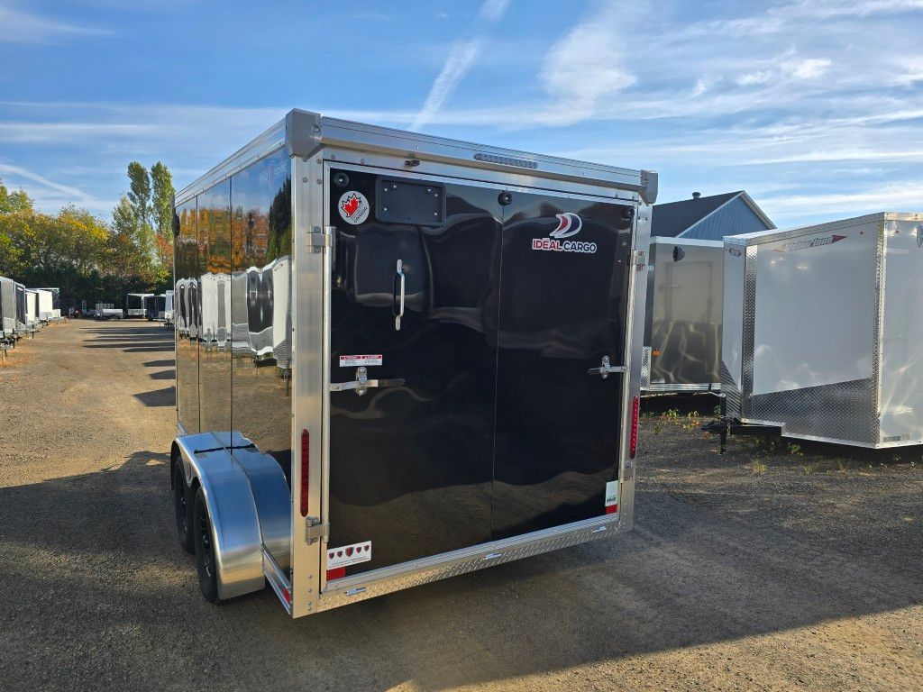 Remorque cargo fermée noire avec porte arrière, garée à l'extérieur par une journée ensoleillée.