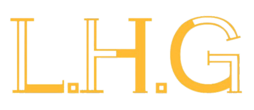 Yellow stylized initials L.H.G. on a white background. Logo with the letters L, H, and G in gold, outlined in white, on a white background.