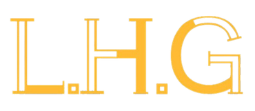 Yellow stylized initials L.H.G. on a white background. Logo with the letters L, H, and G in gold, outlined in white, on a white background.