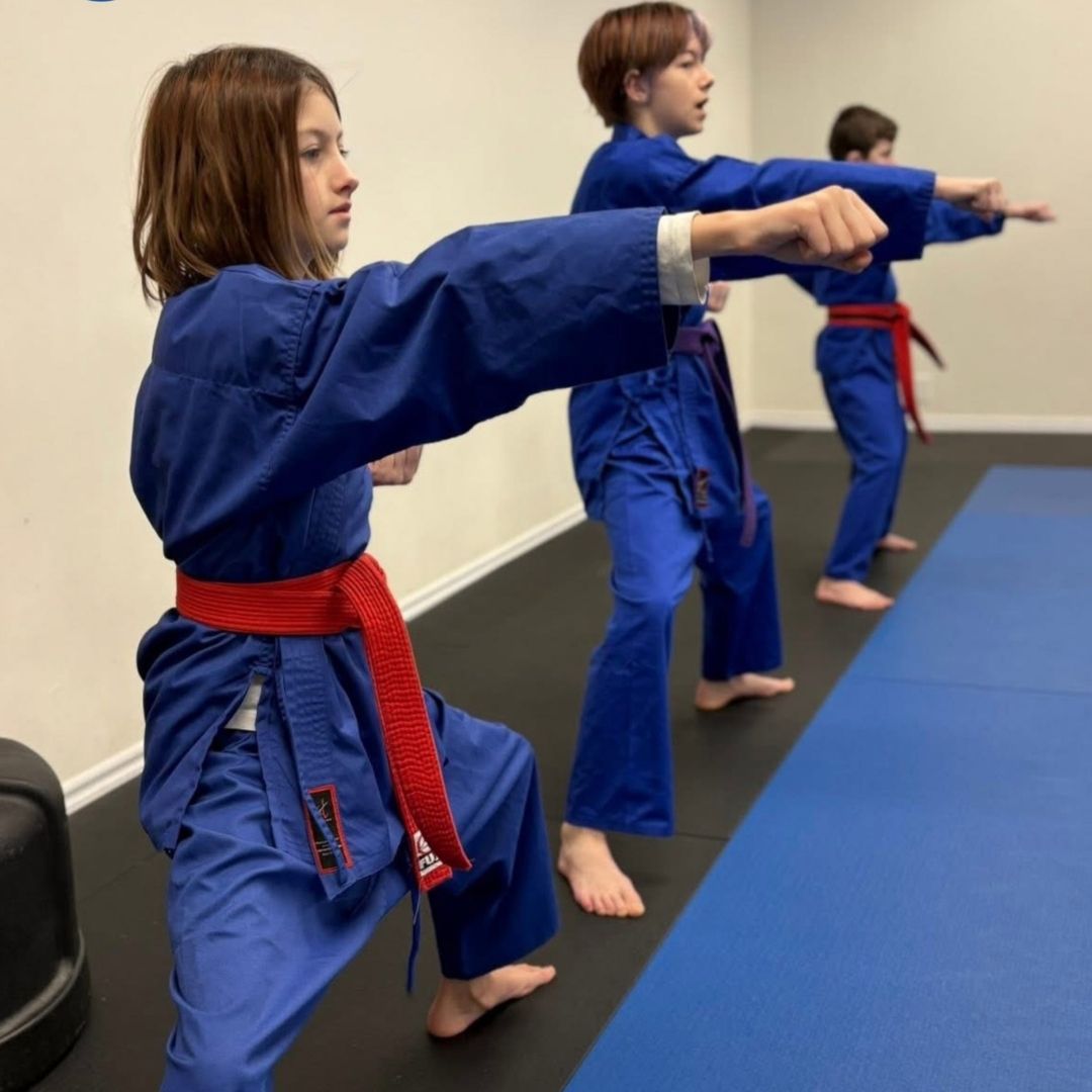 People practicing jiu-jitsu on mats, wearing gis in blue, black, and gray. Active grappling, gym setting.
