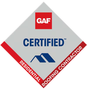 GAF Certified Residential Roofing Contractor logo: red, silver, and blue diamond with text and roof icon.